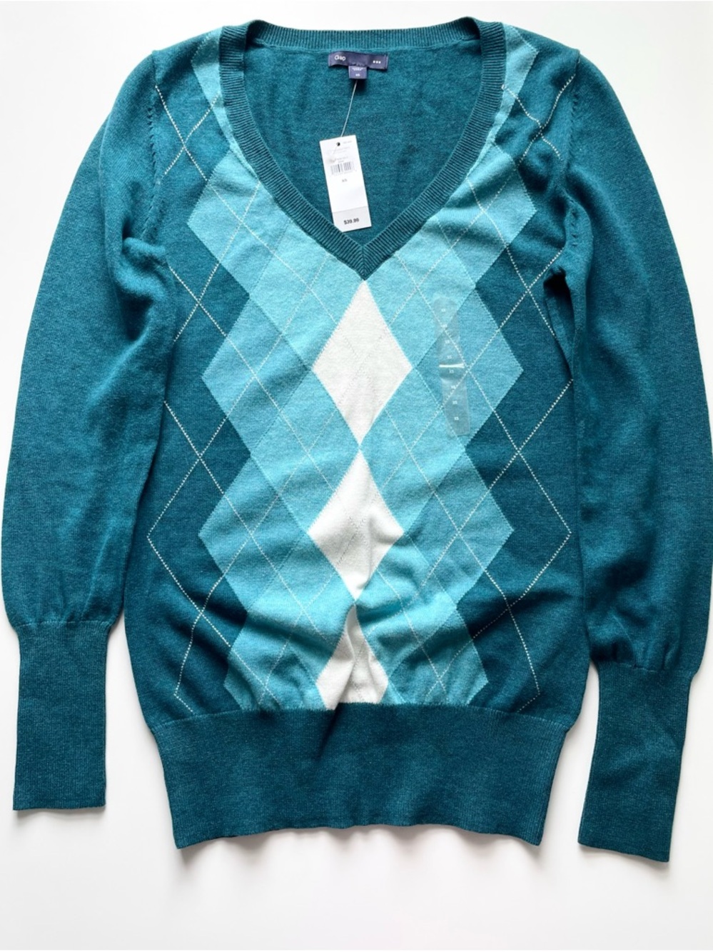 NWT 2000s GAP Argyle V-Neck Sweater Sz XS Teal Green Cotton Y2K Academia Preppy